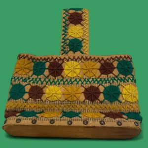 Vintage 1970’s Yellow/Green/Brown Embroidered Burlap Bag with Wood Base - Picture 1 of 10