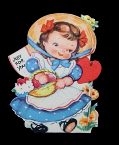 Vtg Gibson Die-Cut Valentine Card: Girl Hat Basket of Flowers Heart JUST FOR YOU - Picture 1 of 2