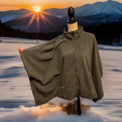 Poncho LL Bean Capa Mujer Grande Gris Espiga Cremallera Completa Bolsillos Botón Laterales Foto 1 de 4