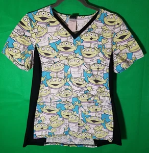 Toy Story Size Small Scrub Disney V Neck Knit Panel Top Alien Nurse Hospital Lab - Picture 1 of 4
