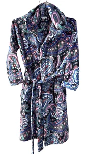 Vera Bradley lila blau schwarz pink Paisleymuster Fleece Kapuze Morgenmantel S/M - Bild 1 von 4