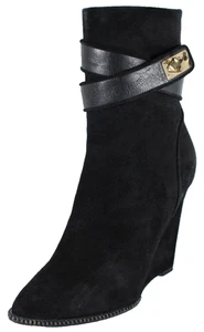 GIVENCHY Black Suede Lock Buckle SHARK TOOTH Wedge Heel Ankle Boots 38 - Picture 1 of 21