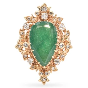Anillo llamativo vintage de diamantes y esmeraldas de oro amarillo - Imagen 1 de 6