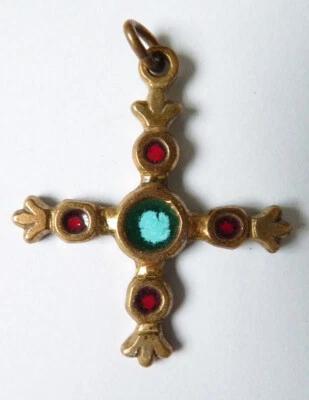 Croix pendentif en métal doré + émail vers 1940  Bijou ancien cross - Photo 1/3