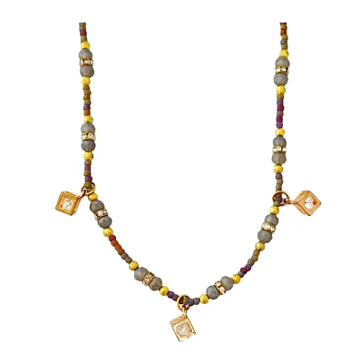 Ожерелье с подвеской из сиреневого ирисового морозного стекла с бисером граненые бусины кристалл куб - Изображение 1 из 4