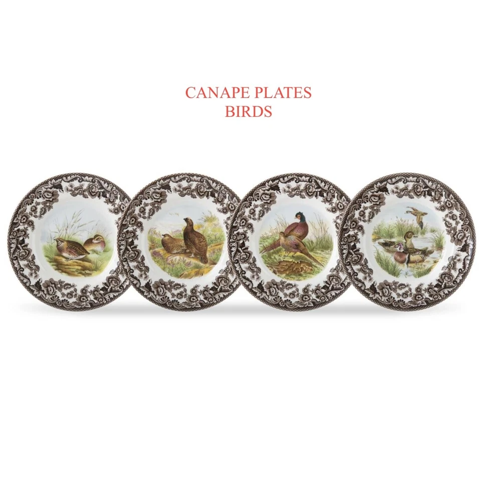 Spode Woodland Birds Canape Plates Set Of 4 Duck Pheasant Quail New In Box - Image 1 of 1
