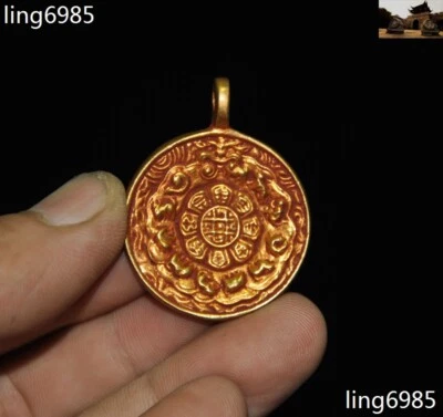 Tibet Buddhism Bronze 24k Gold Gilt 12 Zodiac The eight trigrams amulet Pendant - Image 1 of 4