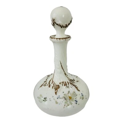 BEAUTIFUL Antique Hand Painted Milk Glass Decanter / Dresser Bottle  - Image 1 of 4
