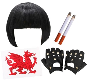 NESSA JENKINS COSTUME BLACK BOB WIG WELSH DRAGON TATTOO CIGARETTES FANCY DRESS - Picture 1 of 9