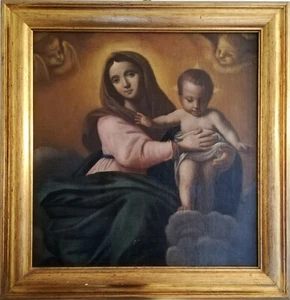 dipinto a olio "Madonna con bambino" con cornice - Foto 1 di 4