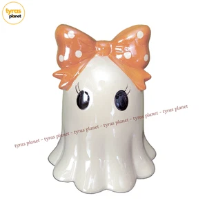 NEW Ceramic Ghost With Orange Polka Dot Bow Halloween Tabletop Decor - Picture 1 of 5
