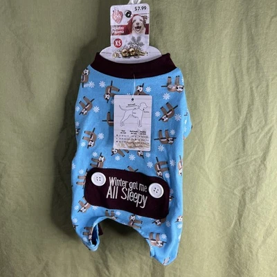 Pet Central Sloth Dog Pajama XS Snowflake Blue Brown White Winter Got Me Sleepy - Image 1 of 4