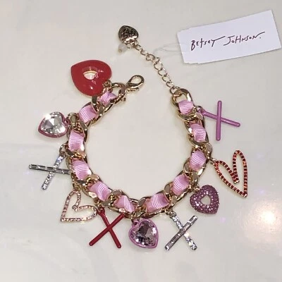 Pulsera Betsey Johnson Tono Dorado y Tejido Rosa Cinta XO Corazón Dije Nuevo con Etiquetas Foto 1 de 4