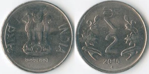 India 2015 2 Rupees Mumbai KM# 395 Stainless Ashoka Lion Capitol Lotus Flowers - Picture 1 of 3