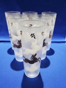 6 enfriadores esmerilados vintage MCM Libbey Glass Cavalcade dorado blanco caballos 7" de alto - Imagen 1 de 4