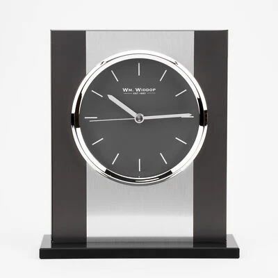 Black Glass Mantle Clock Silver Aluminium Chrome Timepiece 20.5cm Contemporary - Image 1 of 3