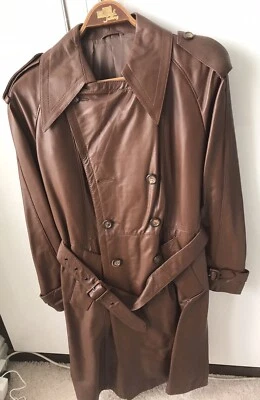 Vintage Unisex Jacket Leather Rain Trench Coat 1970s Dark Brown - Image 1 of 4