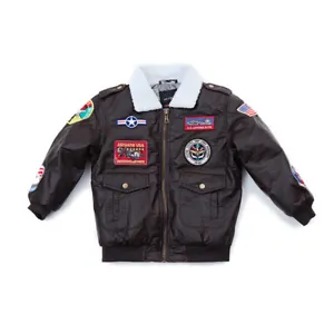 Vintage TOP GUN Kids Boys A2 Bomber Jacket Girls Flight Pilot Winter PU Leather - Picture 1 of 24