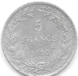 Très bel écu d'argent de 5 Frs. LOUIS-PHILIPPE I à la tête nue 1830 A - Picture 1 of 2