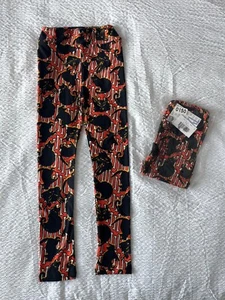LuLaRoe Kids L/XL Kids Sizes 8-14 Black Cat Orange Skeleton Halloween Leggings - Picture 1 of 7