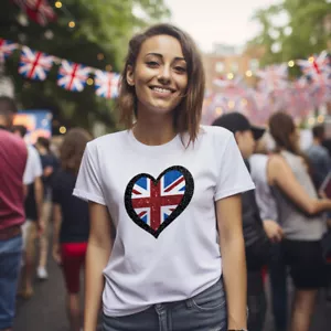 Damen Eurovision UK Glitzer T-Shirt Union Jack Song Contest 2023 Musik Geschenk Top - Bild 1 von 1
