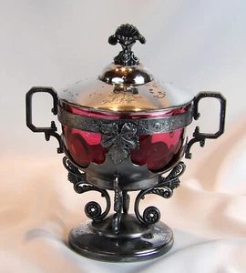 Webster Manufacturing Co. Quad Plate Covered Sugar Bowl w/ Ruby Glass Liner - Picture 1 of 7