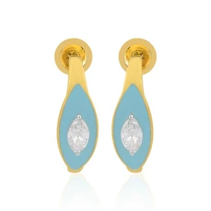 Lab Grown CVD Marquise Diamond Fine Earrings 14k Yellow Gold Turquoise Enamel - Picture 1 of 5