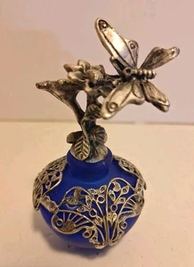 Decantador Perfume Pequeño Azul Mariposa Vidrio Estaño  - Imagen 1 de 5