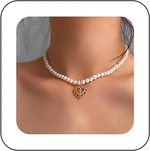 Vintage Cross Heart Choker Necklace Love Heart Pendent Necklace Heart Pearl Neck - Picture 1 of 12