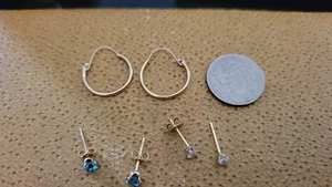 Set Of 3 14k Gold Small Earrings Cz And Rhinestones - Picture 1 of 5