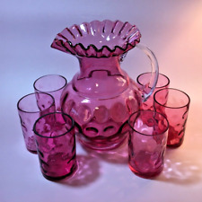 Beautiful Fenton Ruby Thumbprint Complete Set Jug Pitcher with Six Glasses