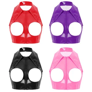 Women's PVC Leather Exposed Breast Crop Top Lapel Collar Cut Out Backless Vest - Picture 1 of 25