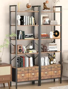 Rustic 6 Tier Tall Bookshelf Bookcase 2 Fabric Drawers Wooden Shelves (1 Pack) - Picture 1 of 24