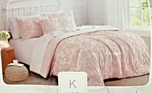 ๐ธ 4 Pc KING Rachel Ashwell Comforter Set Elegant Jacquard Pink Shabby Floral - Picture 1 of 8