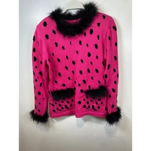 Collective Works Sweater Knit Pink Black leopard Feather Trim M - Picture 1 of 5