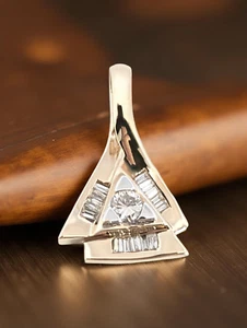 CIONDOLO ESTATE ORO MASSICCIO 14K TRIANGOLO GEOMETRICO DIAMANTE NATURALE #8035 - Foto 1 di 5