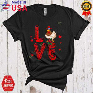 LOVE Cute Cool Valentine's Day Hearts Rose Chicken Farmer Couple T-SHIRT US Size