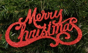 LARGE RED GLITTER PLASTIC "MERRY CHRISTMAS" PLAQUE CHRISTMAS ORNAMENT DECORATION - Picture 1 of 2