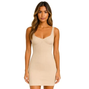 ZARA Ribbed Knit Bodycon Tank Dress in Beige – NWT Size Small - Picture 1 of 3