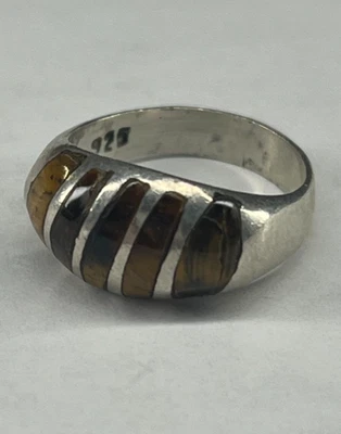 Anillo vintage de plata de ley 925 con incrustaciones ojo de tigre talla 5,5 rayas con banda marrón Foto 1 de 4
