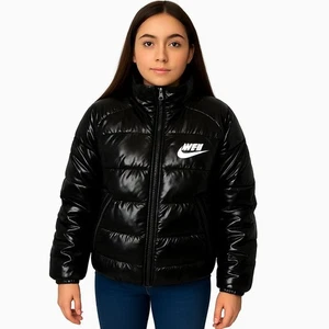 Nike Girls Large Black Glossy Puffer Jacket Zip Front Shiny Bubble Coat L - Picture 1 of 11