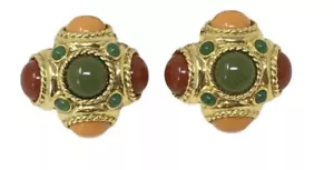 Signed Joan Rivers Gold Tone Colored Lucite Clip Earrings - Picture 1 of 6
