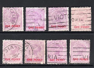 1912 Australia Victoria QV 1d ONE PENNY on 2d Mauve Surcharge Used Lot x 8 - Picture 1 of 1