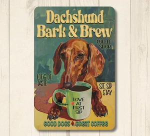Dackel Kaffee Bar Schild Bark & Brew Wiener Hund Doxie lustig Metalldose Geschenk - Bild 1 von 5