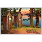 Postcard Vintage 1940s Tommy Tabby Outhouses Bathrooms Woods Lake Trees 0241