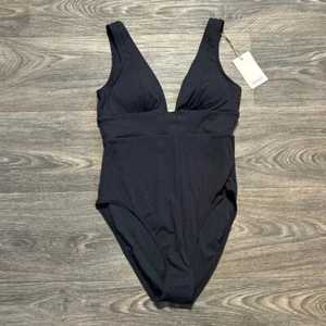 Quitte italienischer Plunge gerippter Einteiler Badeanzug schwarz Small Swim Bathing Wear - Bild 1 von 9