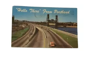 "Hello There Portland Oregon" - 1950s cars - Willamette River Postcard - Picture 1 of 5