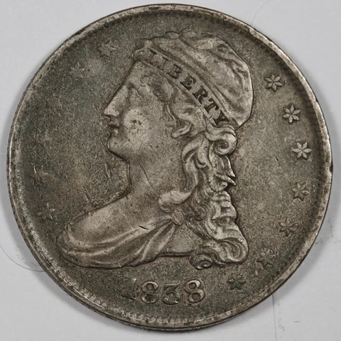 1838 Bust Half.  Die Crack Reverse @ 10:00.  Natural Uncleaned.  XF.  183974 Cover