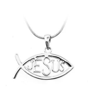 High Shine Silve Color Jesus Word Fish Shape Pendant and 16" Chain - Picture 1 of 2