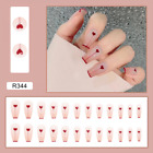 24Pcs+Long+Coffin+Press+On+White+Fake+Nails+French+Gothic+Red+Heart+Nails+Decor